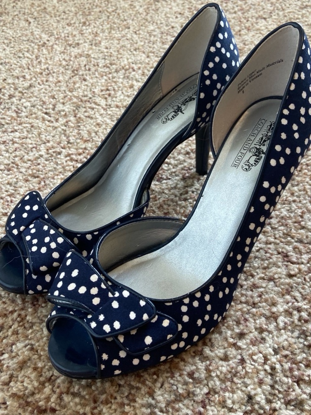 Coach and Four Navy and White Polka Dot Peep-Toe Heels with Bow